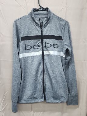 bebe Heather Gray Zip Front Track Jacket with Black & White Stripes Sz M
